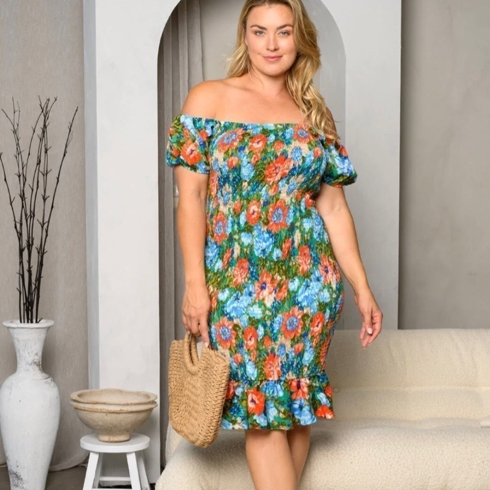 EUROPA THE LABEL OFF SHOULDER FLORAL SMOCKED MIDI DRESS SIZE 1X Event Shower